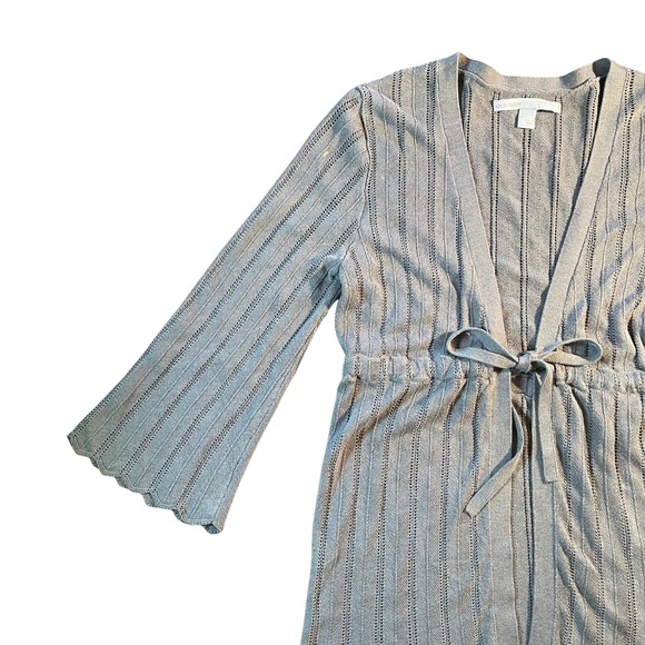 Vintage Gray Ribbed Knit Tie Waist Scalloped Hem Cardigan Sweater Small Y2K 90s - Picture 5 of 16